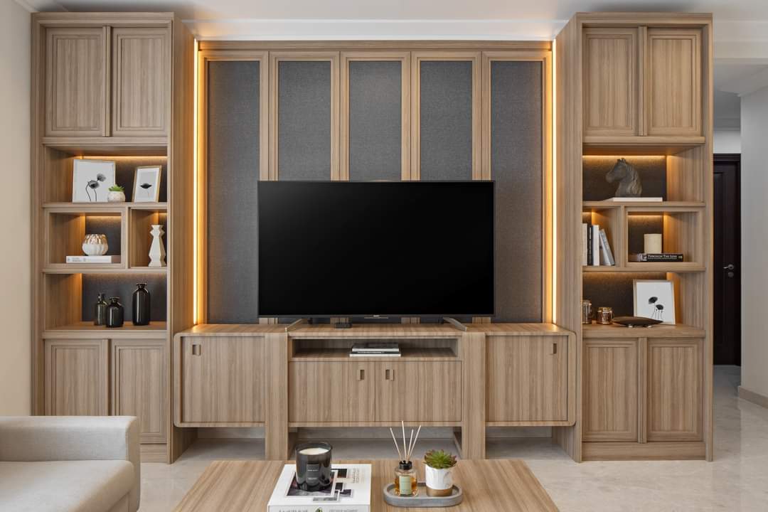 Jasa Interior Design minimalis Livingroom luxury mewah Kabinet HPL Panel TV HPL Kayu
